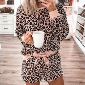 Leopard Velvet Lounge Set – Long Sleeve Top & Shorts – NWT